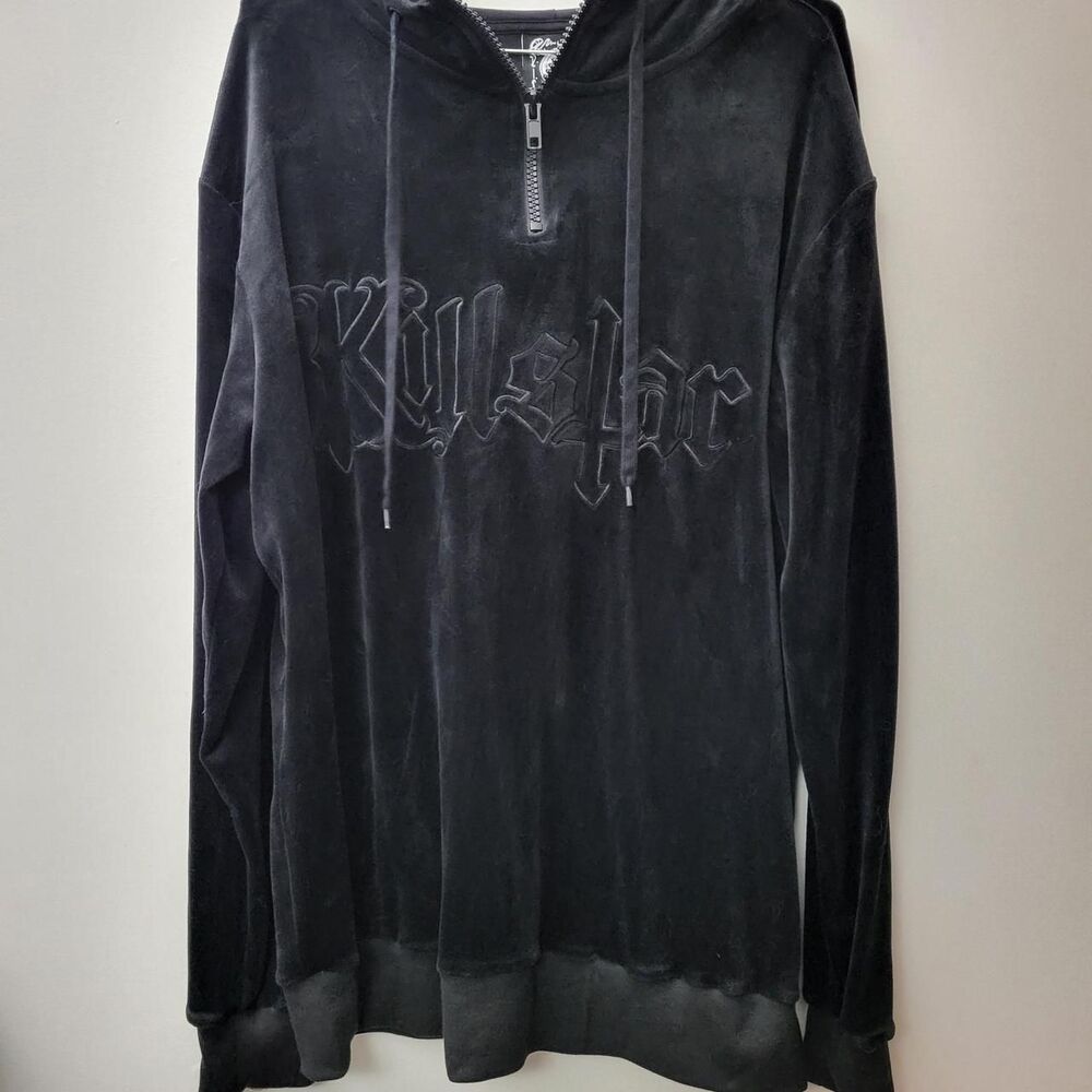 Killstar black velvet quarter zip hoodie with embroidered 'Killstar' logo, size